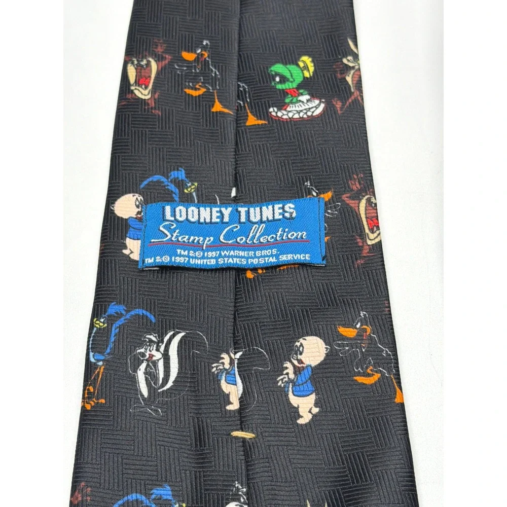 Vintage 1997 Looney‎ Tunes Stamp Collection Black Silk Feel Character Tie